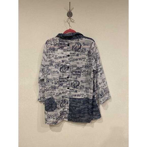 Damee Inc Shirt Womens Large Blue White Button Front Script Print 3/4 Sleeve - Picture 4 of 4